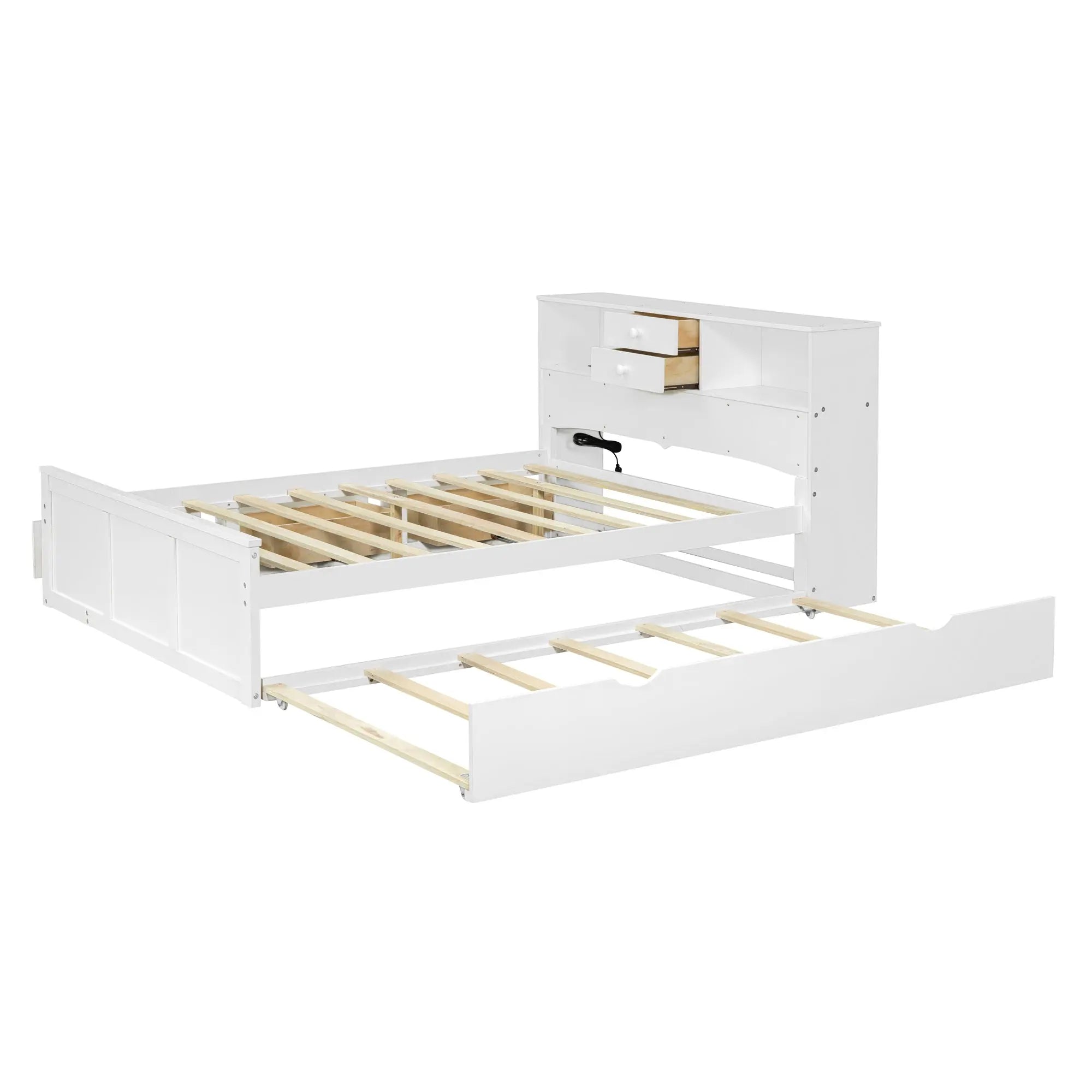 Bellemave Full Size Wood Pltaform Bed with Twin Size Trundle, 3 Drawers, Upper Shelves and A Set of USB Ports & Sockets Bellemave