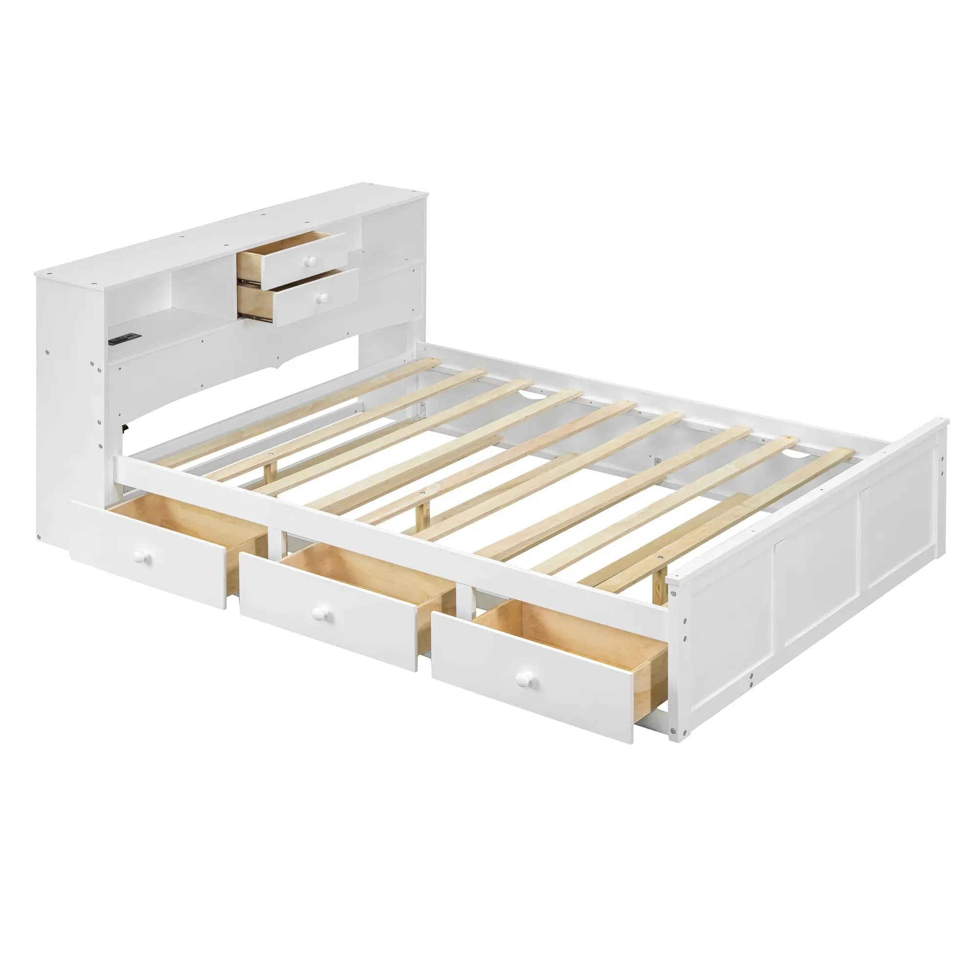 Bellemave Full Size Wood Pltaform Bed with Twin Size Trundle, 3 Drawers, Upper Shelves and A Set of USB Ports & Sockets Bellemave