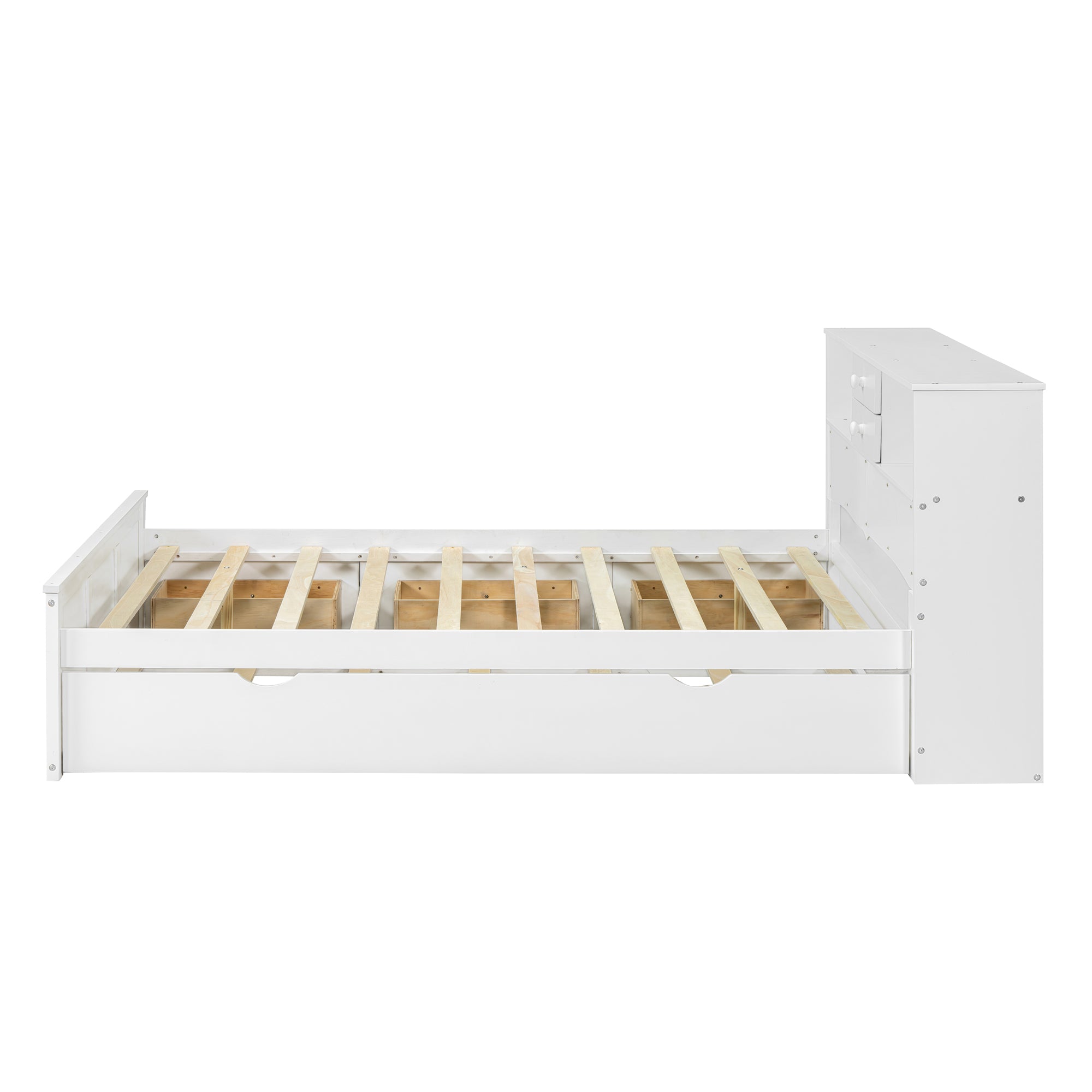 Bellemave Full Size Wood Pltaform Bed with Twin Size Trundle, 3 Drawers, Upper Shelves and A Set of USB Ports & Sockets