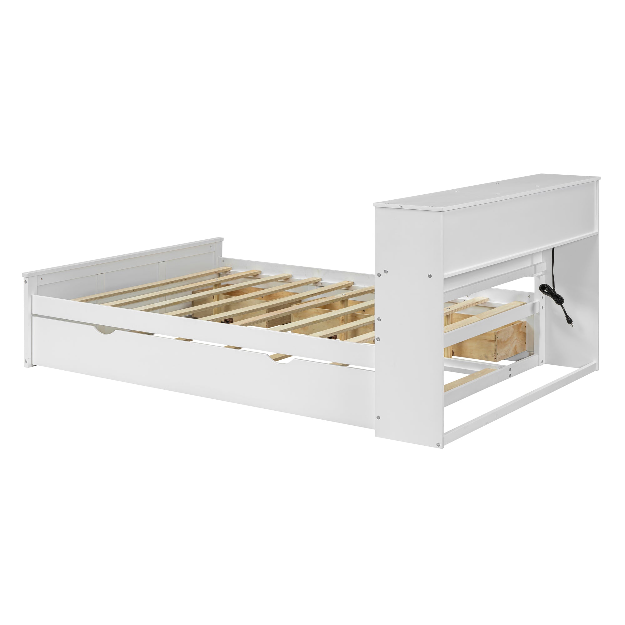 Bellemave Full Size Wood Pltaform Bed with Twin Size Trundle, 3 Drawers, Upper Shelves and A Set of USB Ports & Sockets