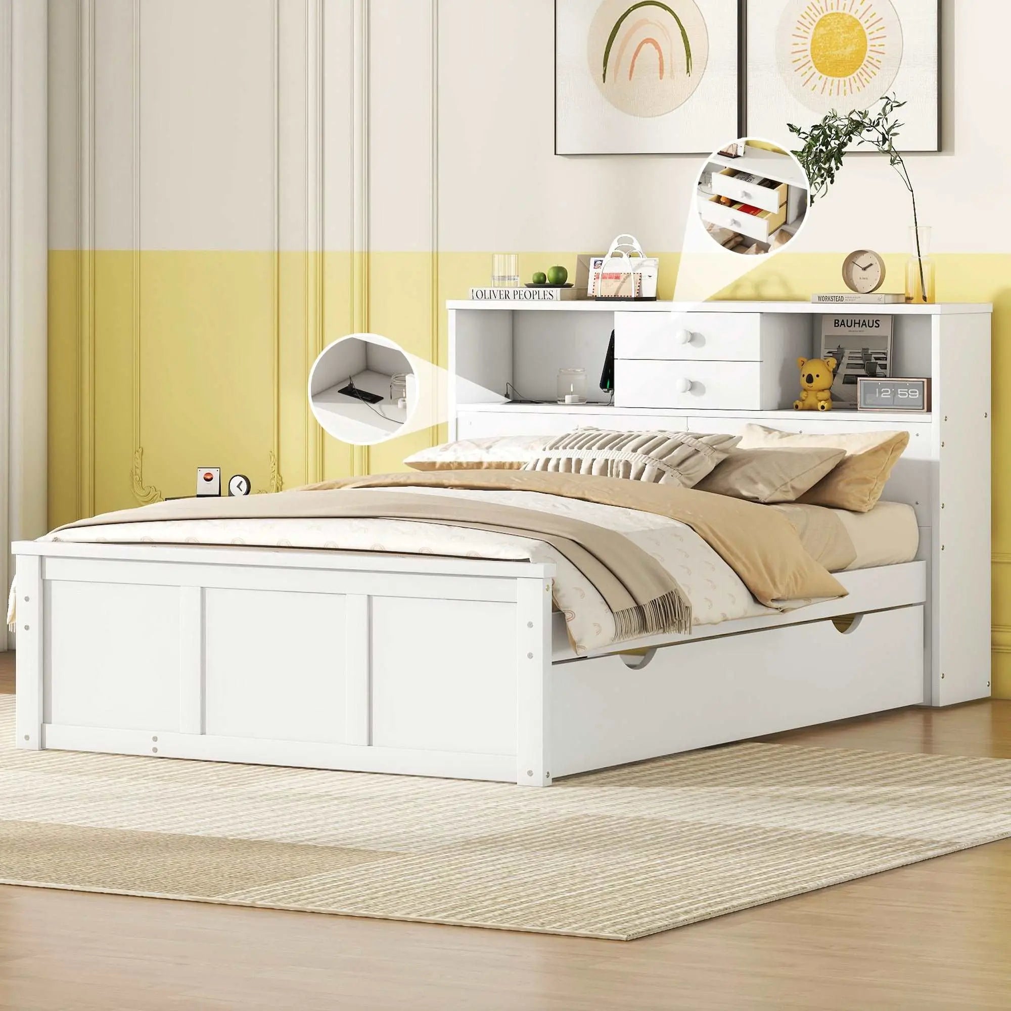 Bellemave Full Size Wood Pltaform Bed with Twin Size Trundle, 3 Drawers, Upper Shelves and A Set of USB Ports & Sockets