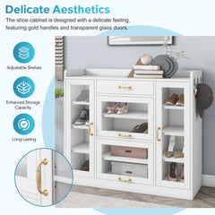 Bellemave® Modernist Side Cabinet with 4 Glass Doors & 3 Hooks, Multiple Adjustable Shelves and Gold Handles Bellemave®