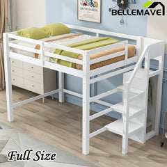 Bellemave® Full Size Loft Bed with Built-in Storage Wardrobe and Staircase