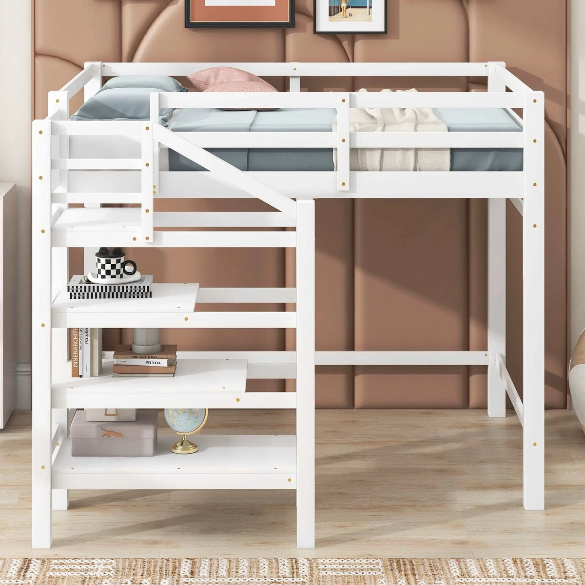 Bellemave Full Size Loft Bed with Built-in Storage Staircase and Hanger for Clothes