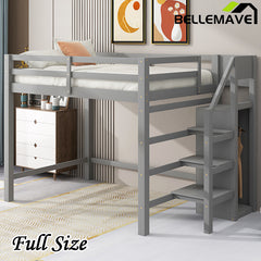 Bellemave® Full Size Loft Bed with Built-in Storage Wardrobe and Staircase