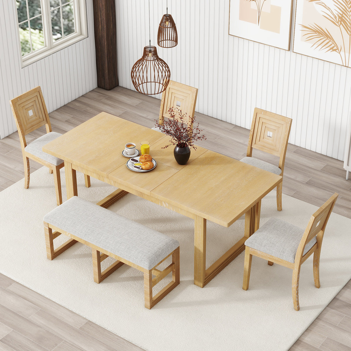 Bellemave 6-Piece Modern Extendable Dining Table Set, 4 Upholstered Dining Chairs and Dining Bench Bellemave