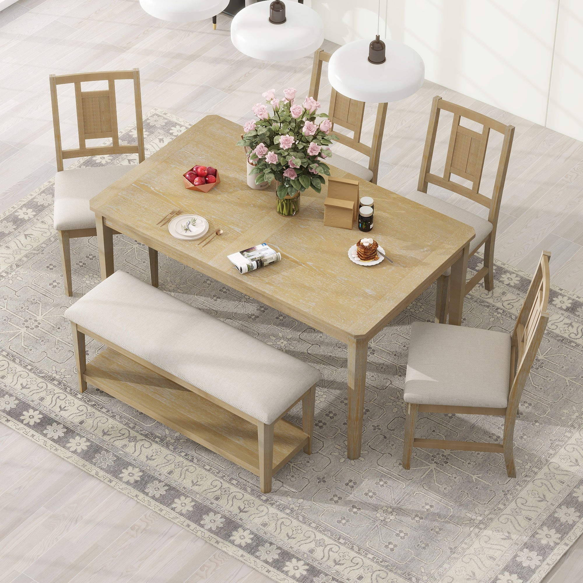Bellemave 6-Piece Retro Dining Set, Dining Table and 4 Upholstered Chairs & 1 Bench with A Shelf Bellemave
