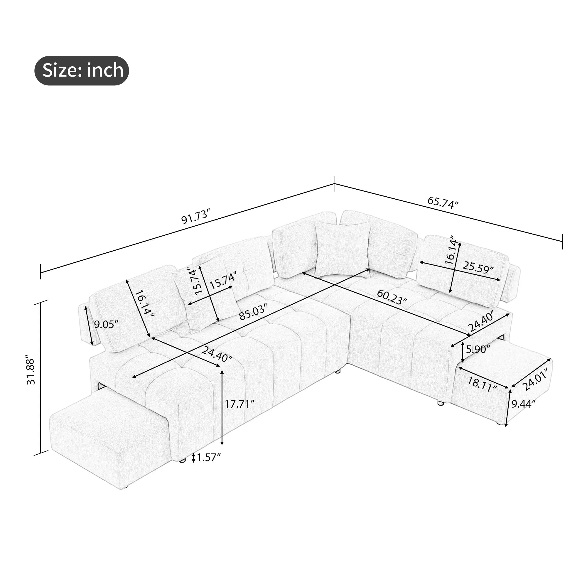 Bellemave® 91.73" L-shaped Sectional Sofa Couch with 2 Stools and 2 Lumbar Pillows Bellemave®