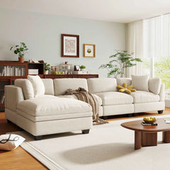 Bellemave 128.7" Upholstered Modular Sofa with Removable Storage Ottoman and 2 hidden cup holders