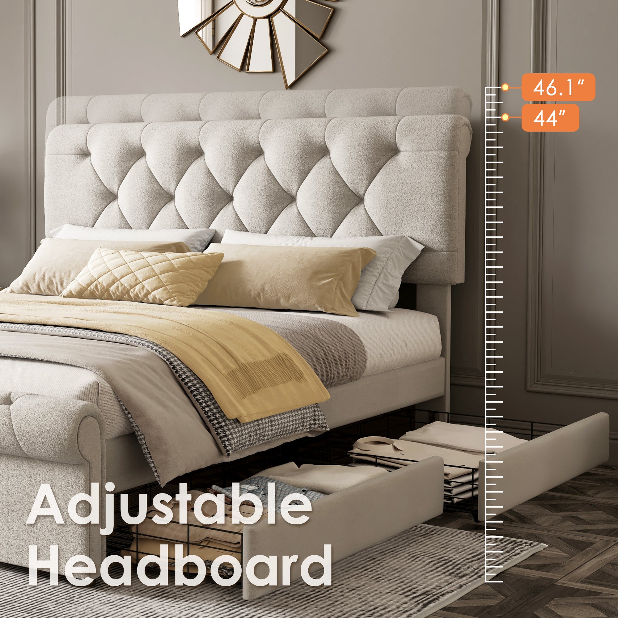 Bellemave® Upholstered Platform bed with Antique Curved Headboard and 4 Drawers Bellemave®