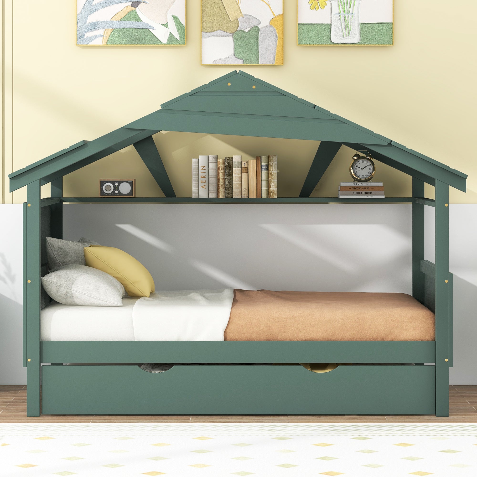 Bellemave Wood House Bed with Trundle and Storage