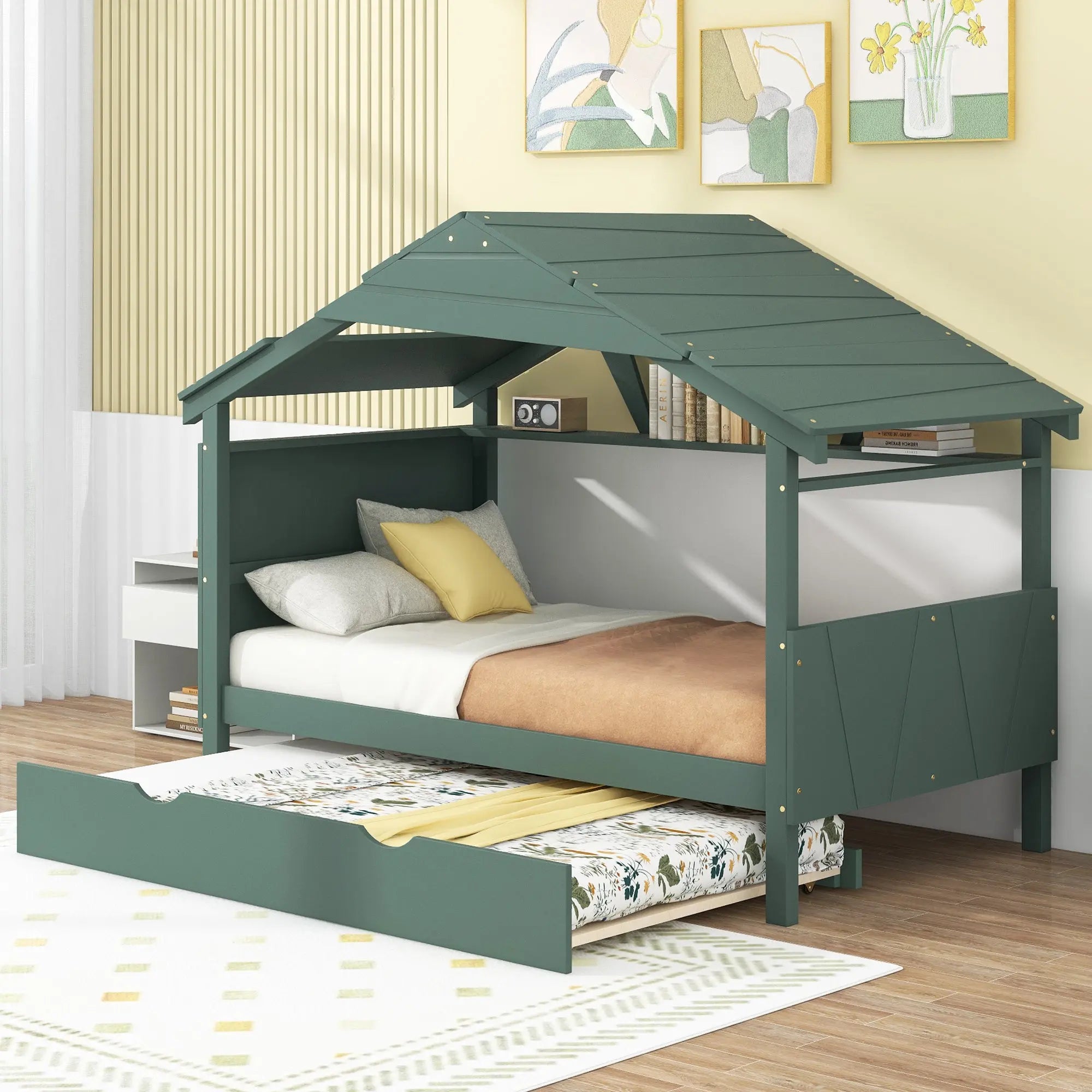 Bellemave® Wood House Bed with Trundle Bed and Storage Rack Bellemave®
