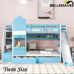 Bellemave® Castle Style Bunk Bed with 2 Drawers 3 Shelves and Slide