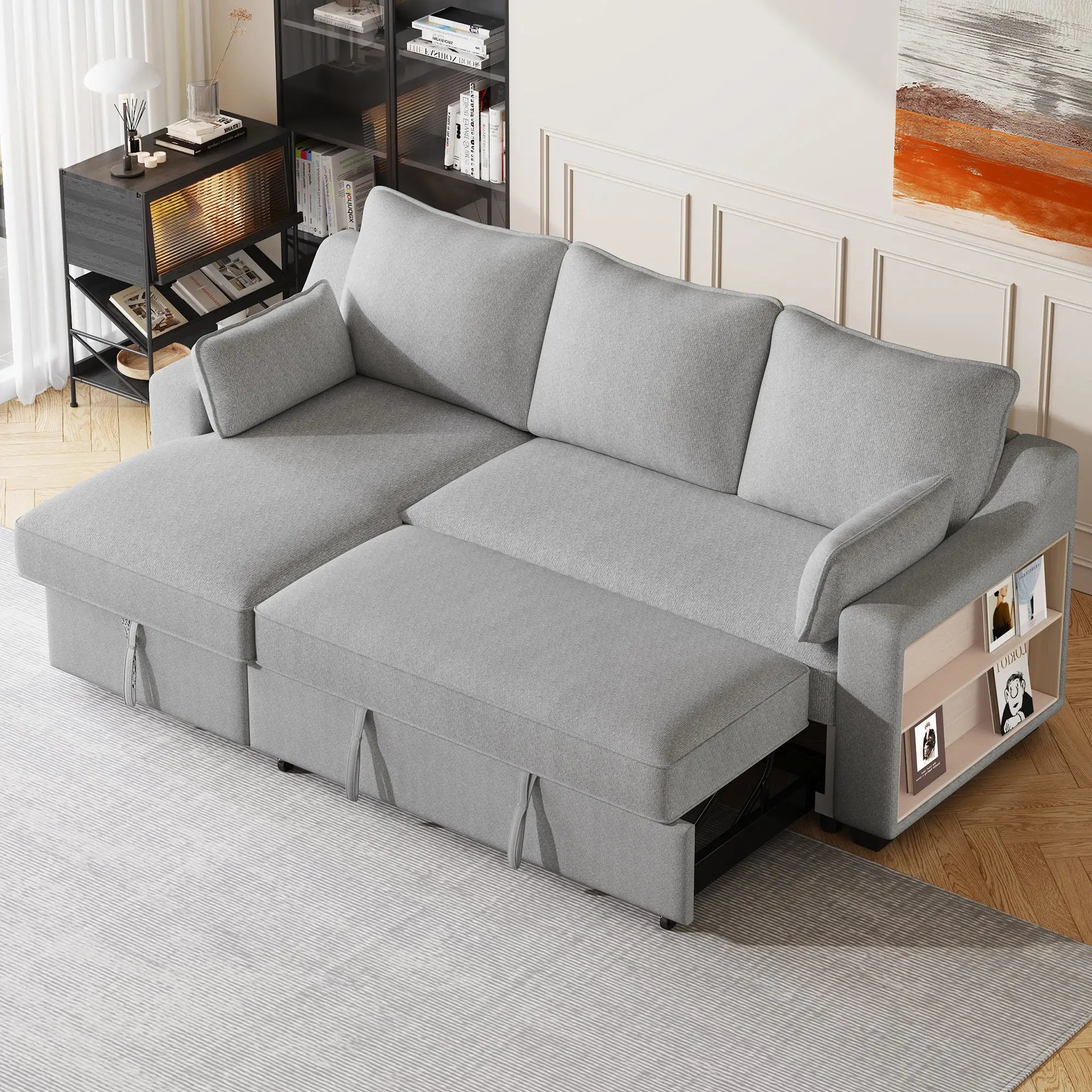 Bellemave® 90" L-Shaped Couch Convertible Sofa Bed with Storage Chaise, Storage Racks and USB Ports Bellemave®