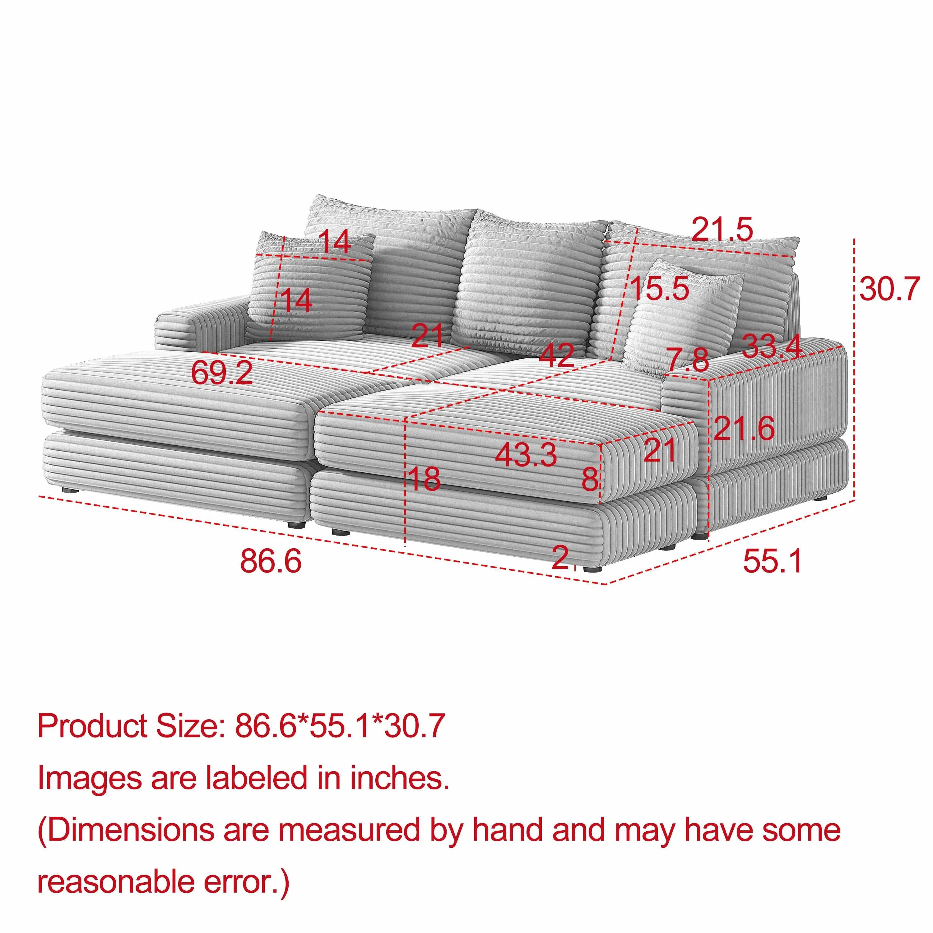 Bellemave 86.6" Corduroy 3-Seater Sofa with 3 Back Pillows , 2 Toss Pillows and Two Ottoman