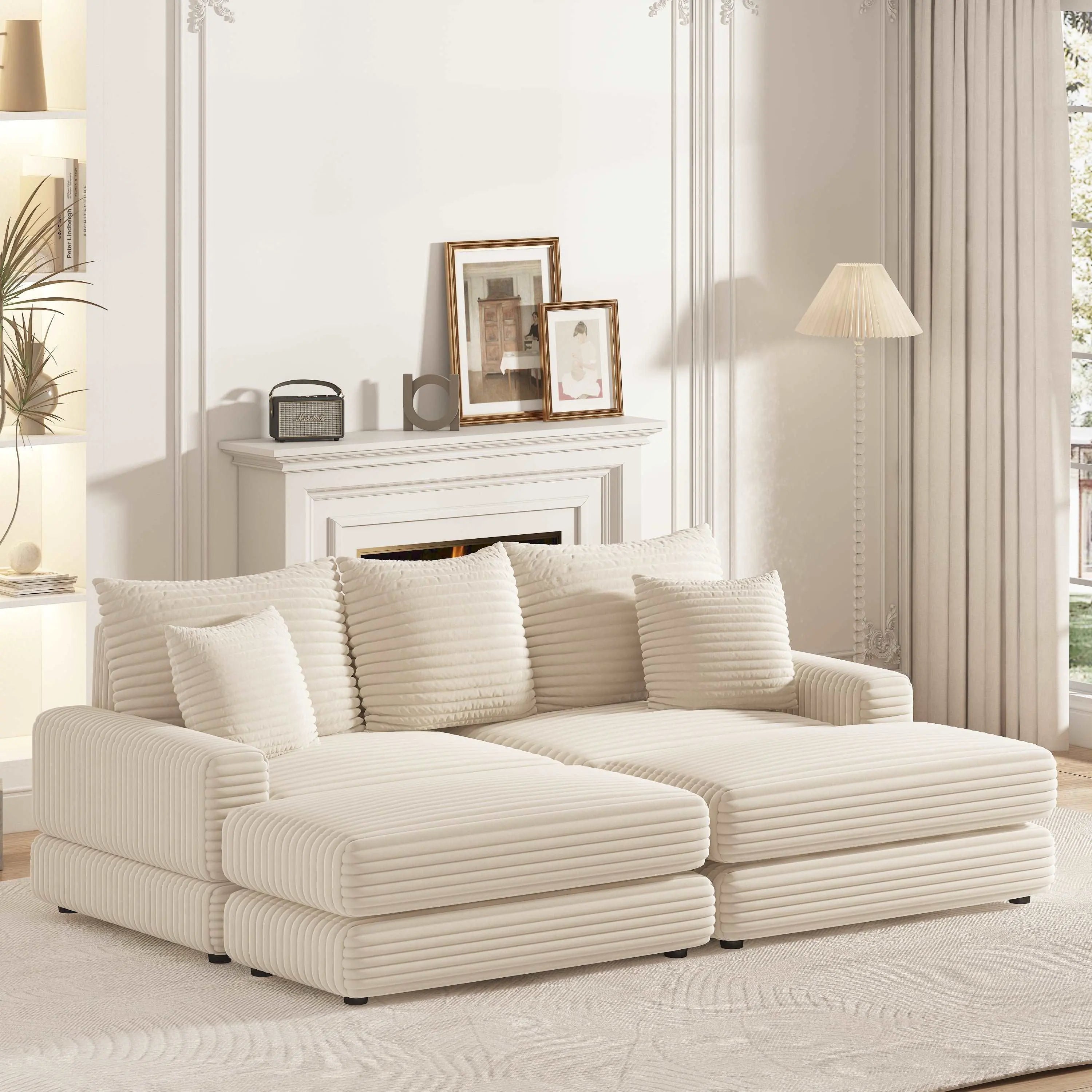 Bellemave 86.6" Corduroy 3-Seater Sofa with 3 Back Pillows , 2 Toss Pillows and Two Ottoman