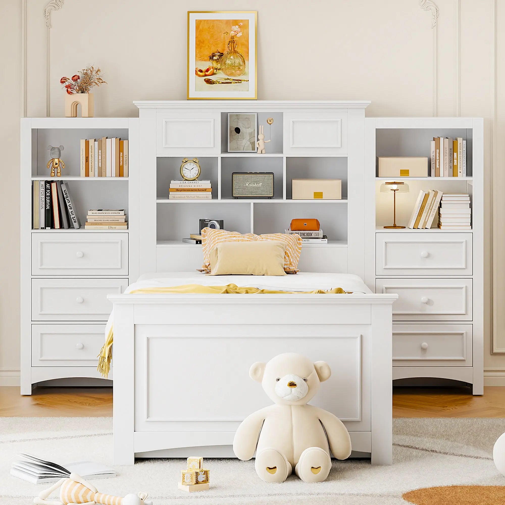 Bellemave® Twin Size Wood Platformbed with Vertical All-in-One Cabinet and 4 Drawers on Each Side Bellemave®