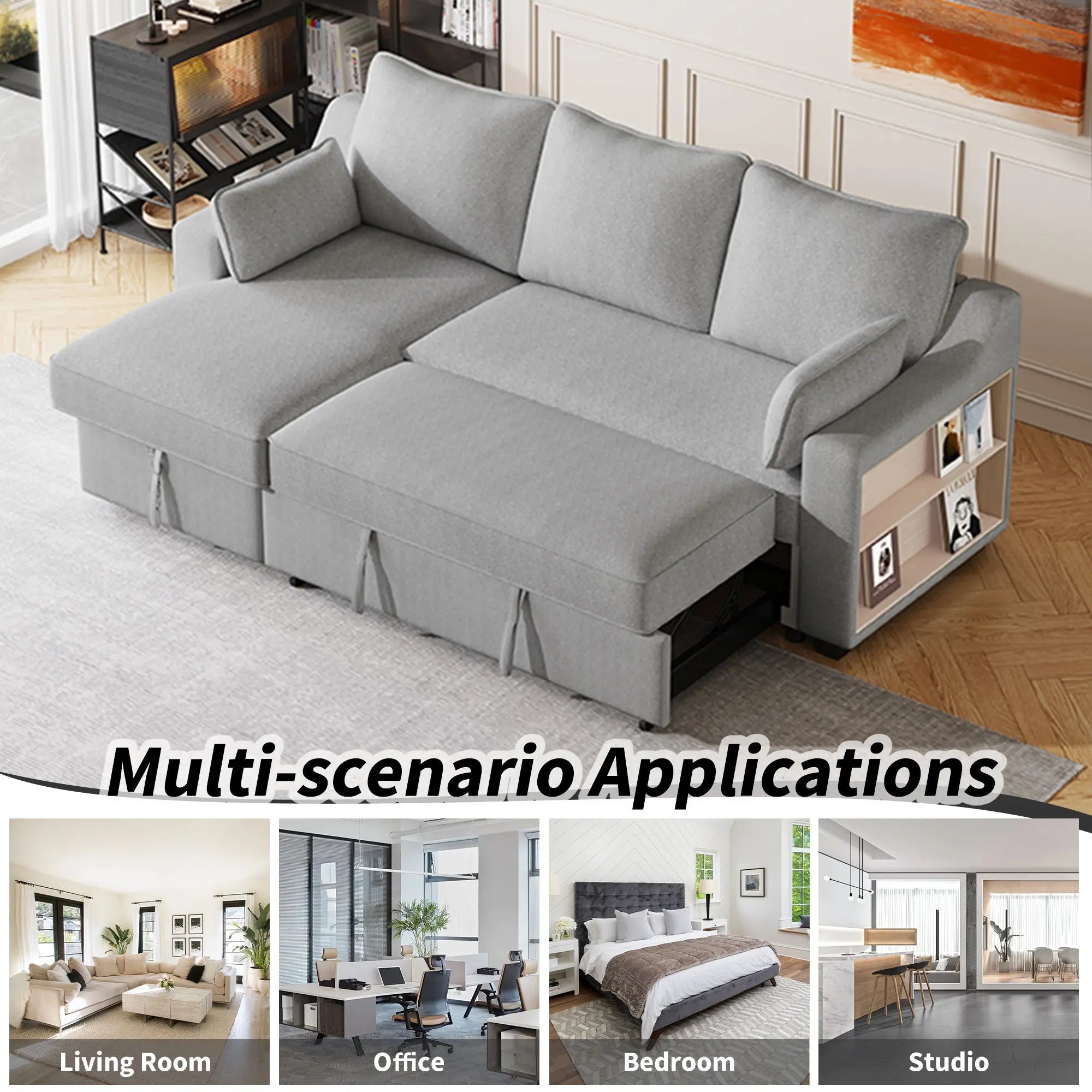 Bellemave® 90" L-Shaped Couch Convertible Sofa Bed with Storage Chaise, Storage Racks and USB Ports Bellemave®