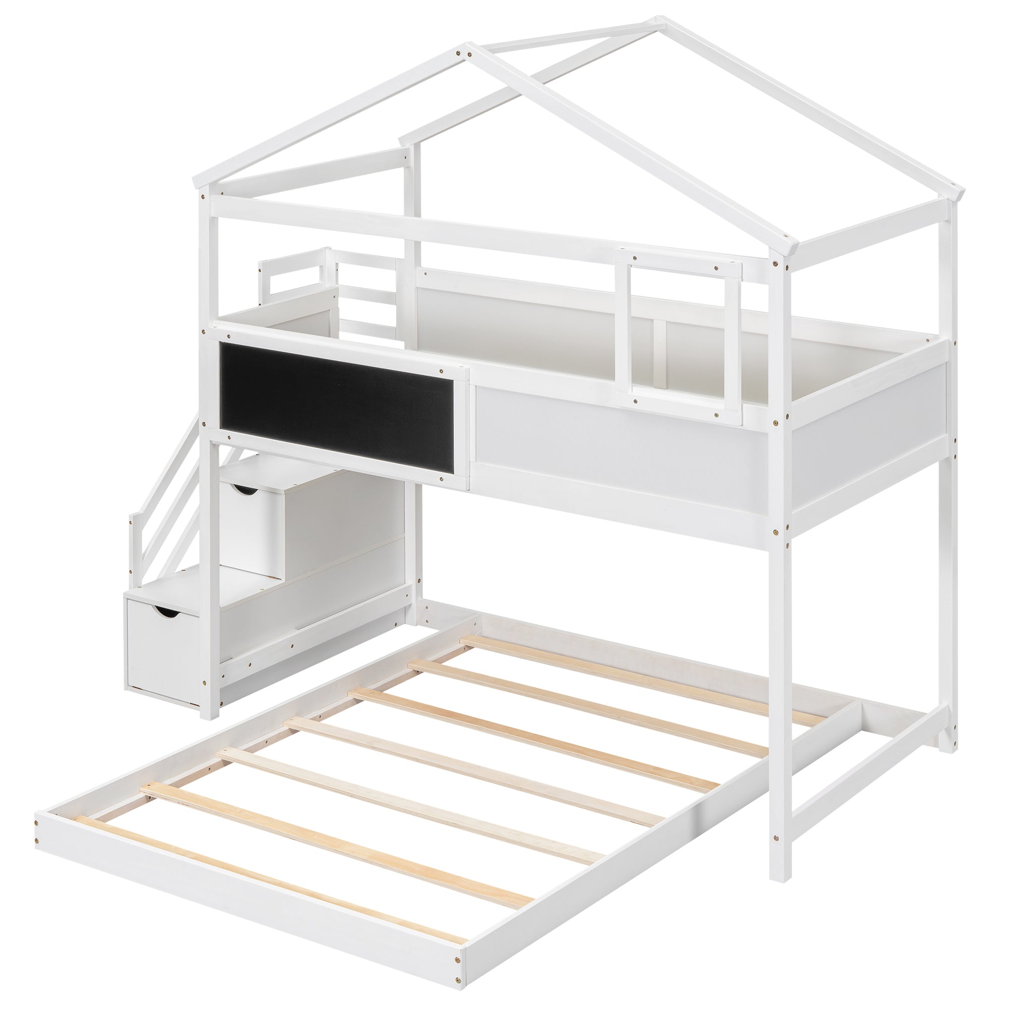 Bellemave Twin over Full House Bunk Bed with Storage Staircase and Blackboard