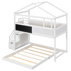 Bellemave® Twin over Full House Bunk Bed with Storage Staircase and Blackboard