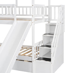 Bellemave® Twin Size House Bunk Bed with Trundle and Slide, Storage Staircase, Roof and Window Design Bellemave®