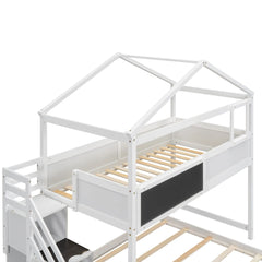 Bellemave® Twin over Full House Bunk Bed with Storage Staircase and Blackboard