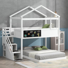 Bellemave® Twin over Full House Bunk Bed with Storage Staircase and Blackboard