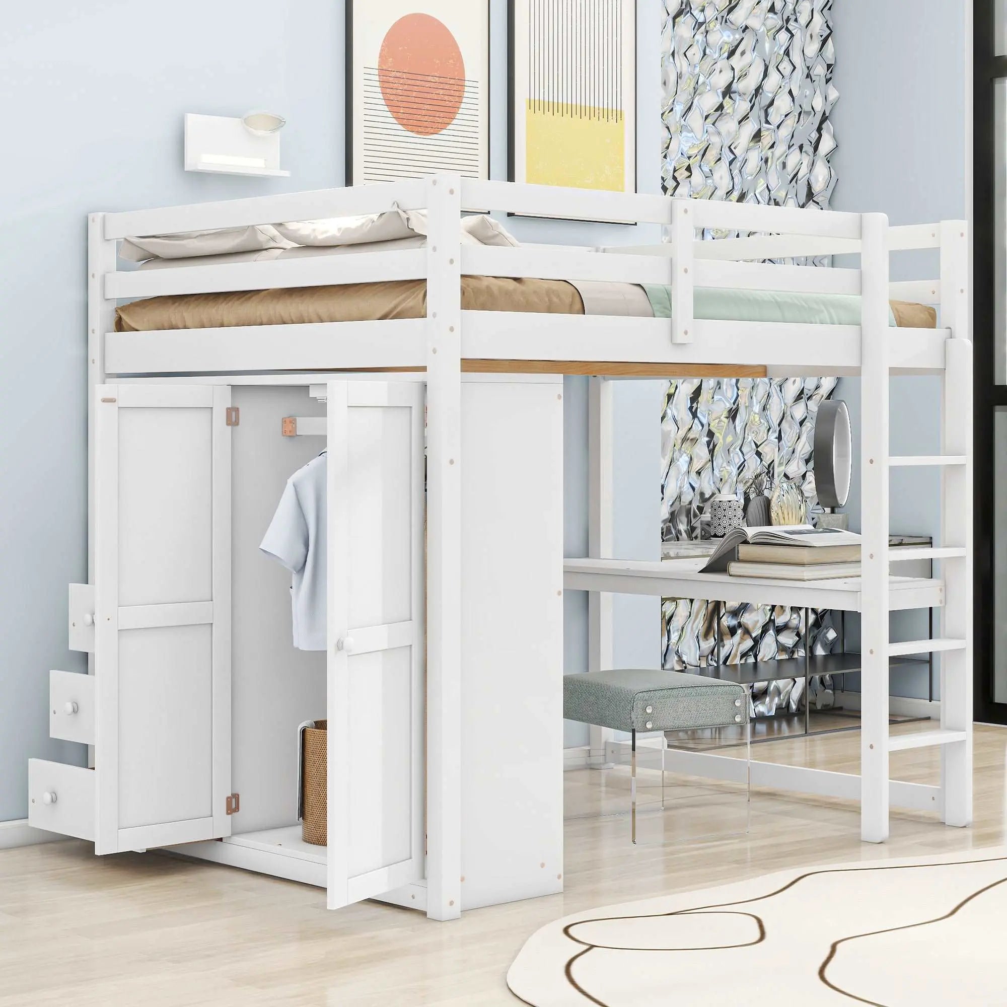 Bellemave Full Size Wood Loft Bed with Built-in Wardrobe, Desk, Storage Shelves and Drawers