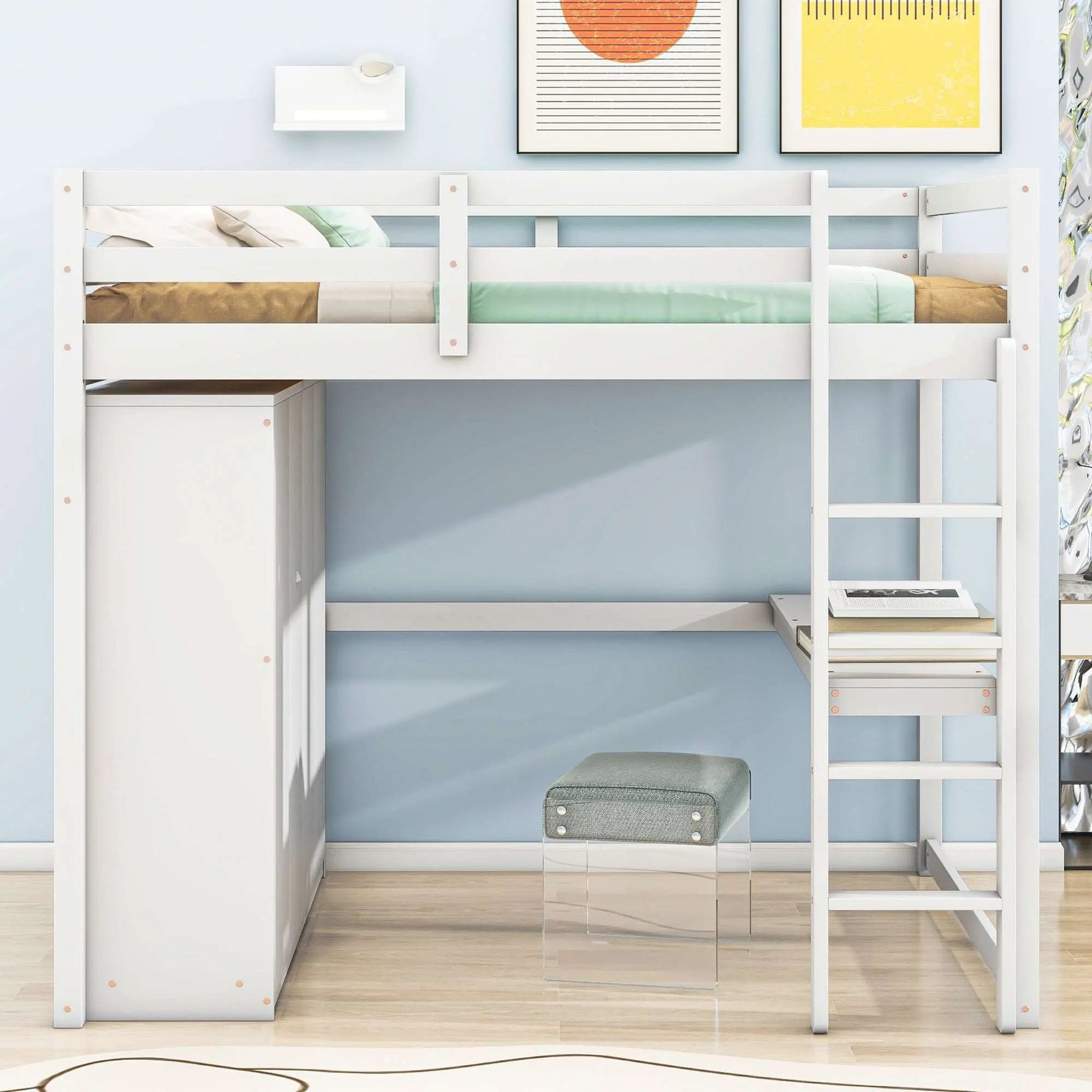 Bellemave Full Size Wood Loft Bed with Built-in Wardrobe, Desk, Storage Shelves and Drawers