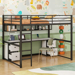 Bellemave Full Size Metal Loft Bed with Desk, Drawers and Bedside Tray, Charging Station, USB and socket