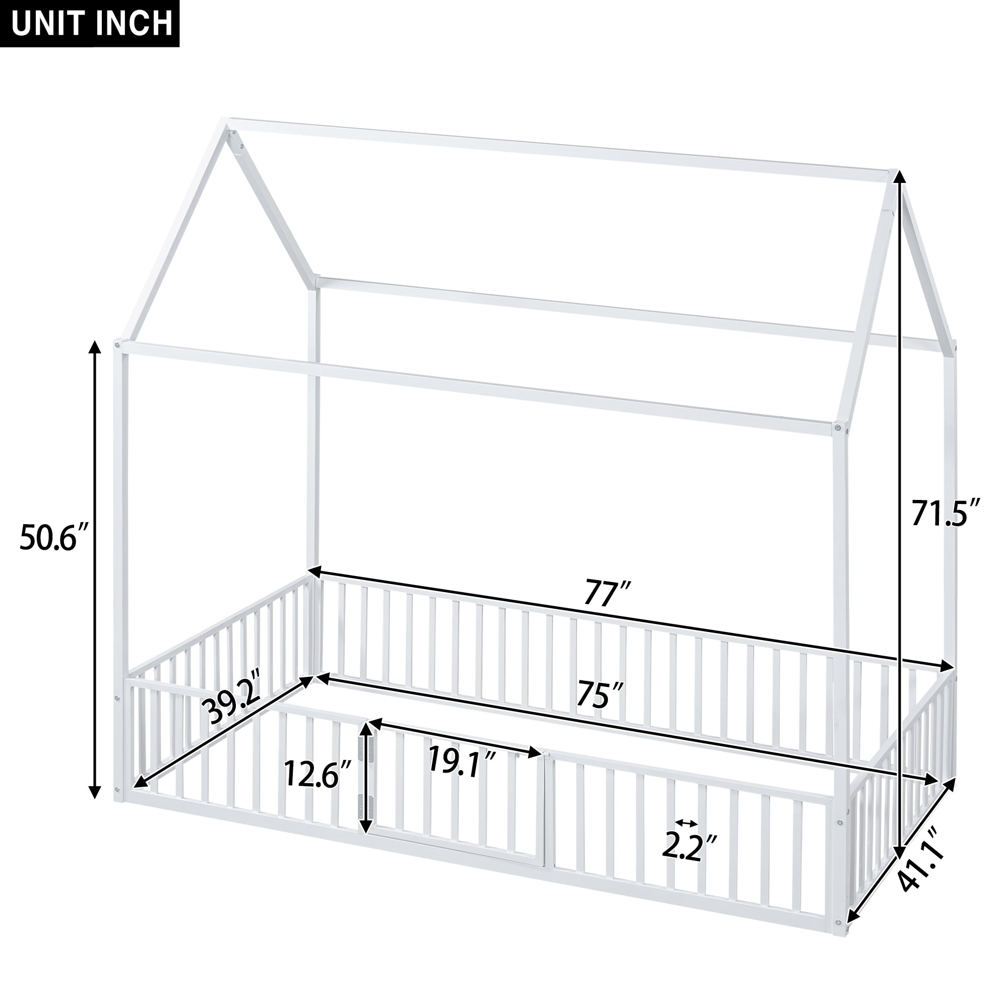 Bellemave Twin Size Metal House Bed with Fence and Door