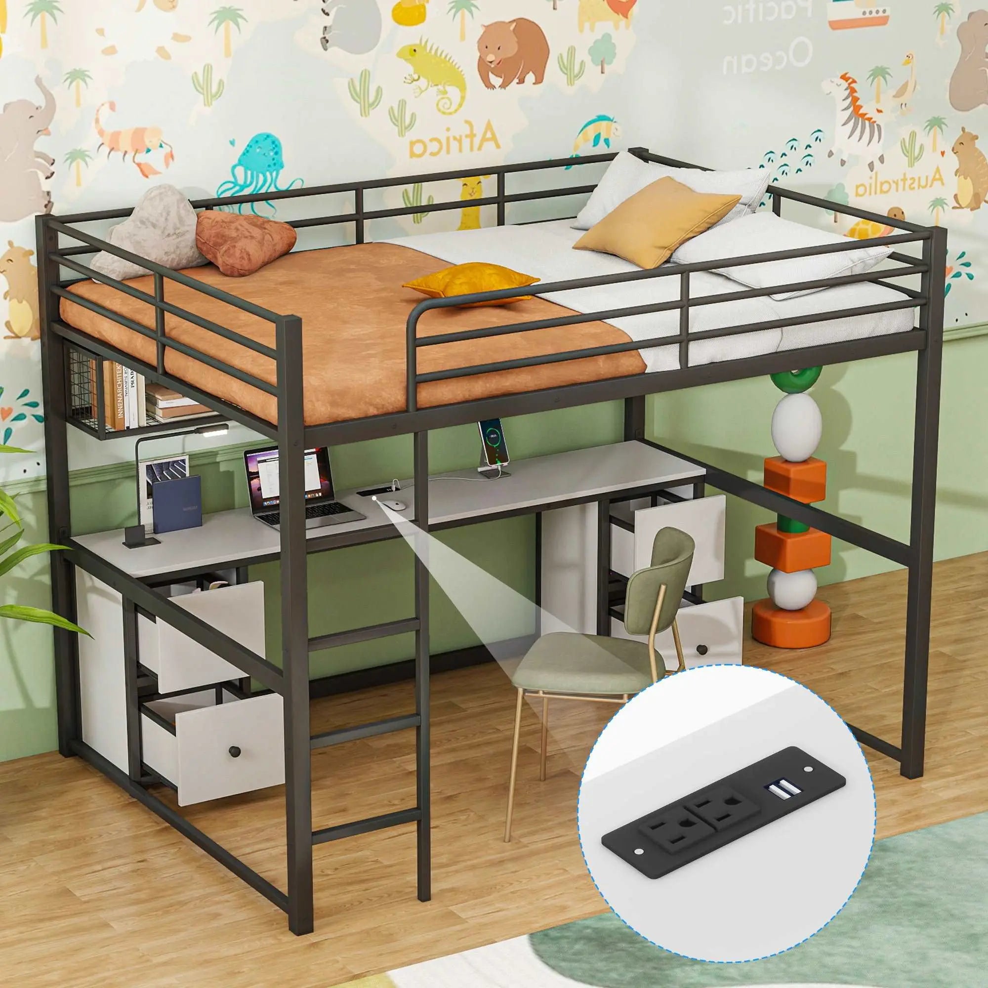 Bellemave Full Size Metal Loft Bed with Desk, Drawers and Bedside Tray, Charging Station, USB and socket