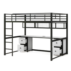 Bellemave® Full Size Metal Loft Bed with Desk, Drawers and Bedside Tray, Charging Station, USB and socket Bellemave®