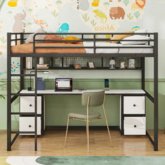 Bellemave Full Size Metal Loft Bed with Desk, Drawers and Bedside Tray, Charging Station, USB and socket