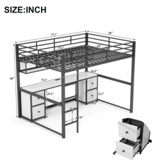 Bellemave Full Size Metal Loft Bed with Desk, Drawers and Bedside Tray, Charging Station, USB and socket