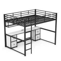 Bellemave Full Size Metal Loft Bed with Desk, Drawers and Bedside Tray, Charging Station, USB and socket