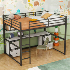 Bellemave Full Size Metal Loft Bed with Desk, Drawers and Bedside Tray, Charging Station, USB and socket