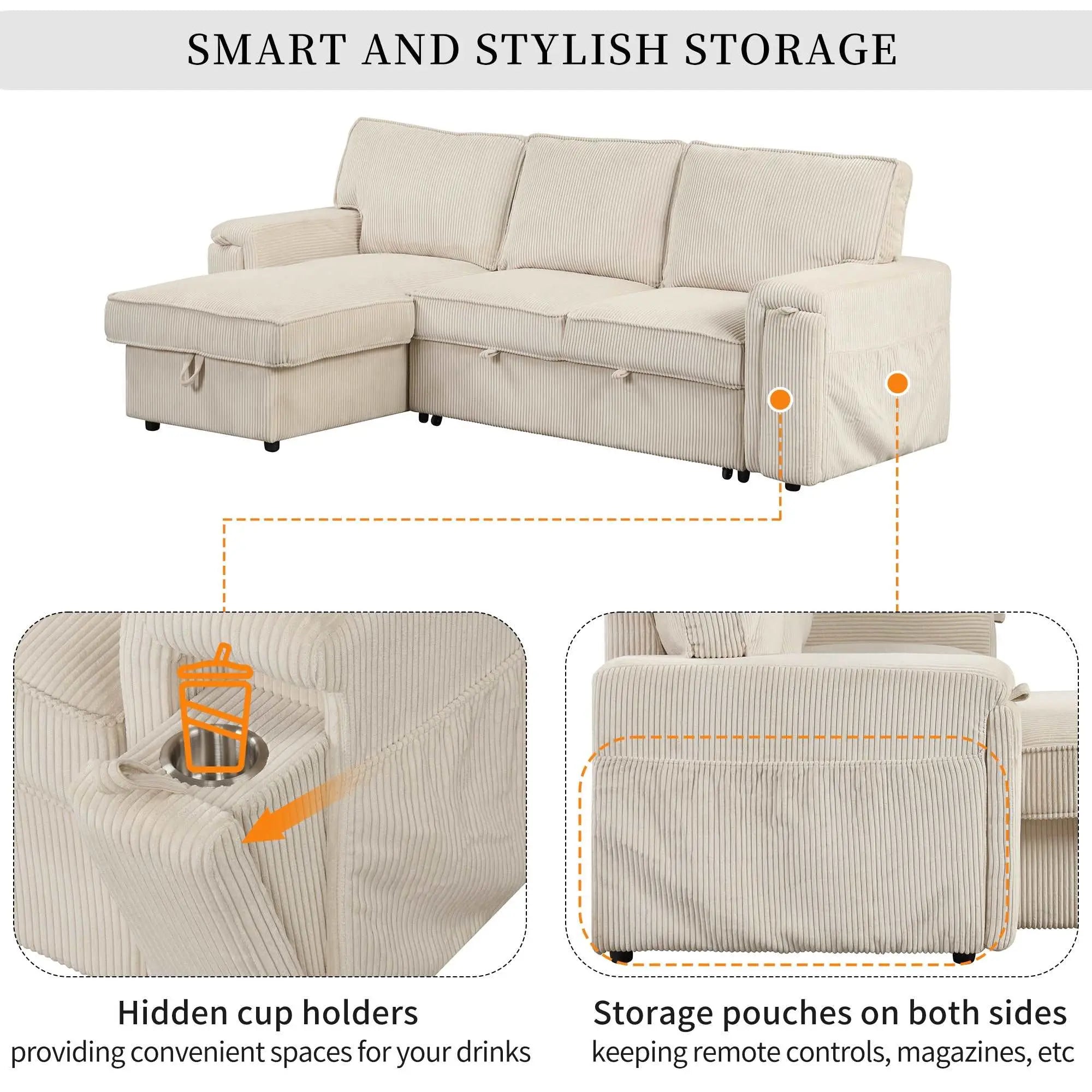 Bellemave 96.1" Upholstery Sleeper Sectional Sofa with Storage Bags and 2 cup holders on Arms