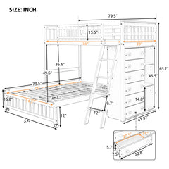 Bellemave® Twin over Full Wooden Bunk Bed with 6 Drawers and Flexible Shelves,Bottom Bed with Wheels Bellemave®