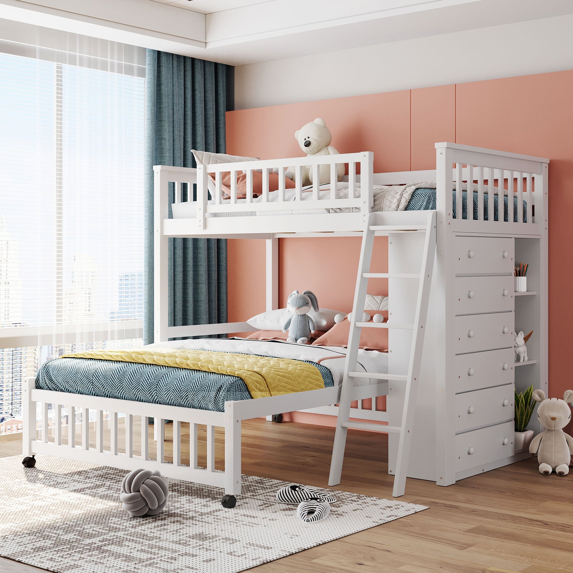 Bellemave Twin Over Full Wooden Bunk Bed With Six Drawers And Flexible Shelves,Bottom Bed With Wheels