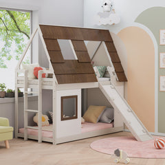 Bellemave Twin Size Wood House Bunk Bed with Ladder and Climbing Ramp Bellemave