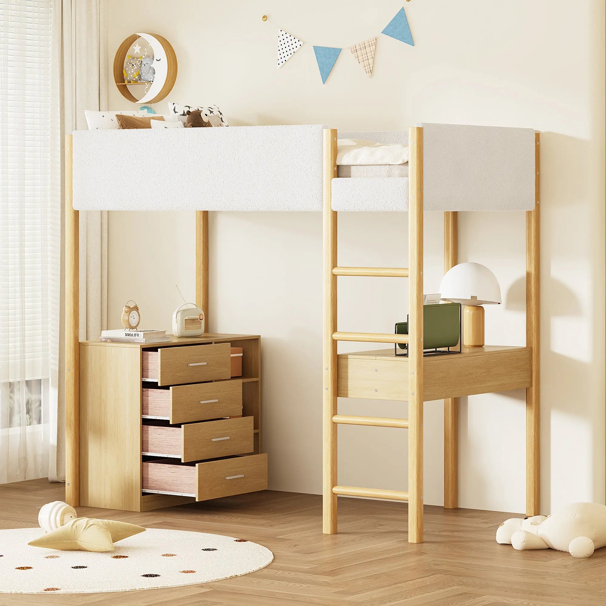 Bellemave® Wood Teddy Fleece Loft Bed with Desk and Cabinets Bellemave®