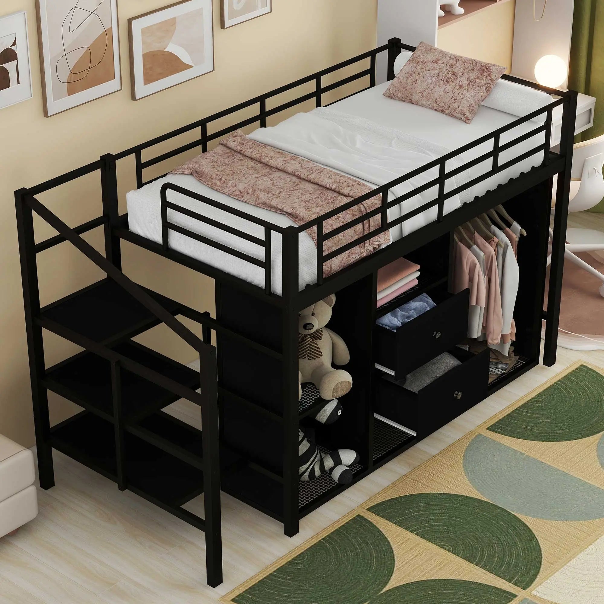 Bellemave® Metal Loft Bed with Drawers, Storage Staircase and Small Wardrobe Bellemave®