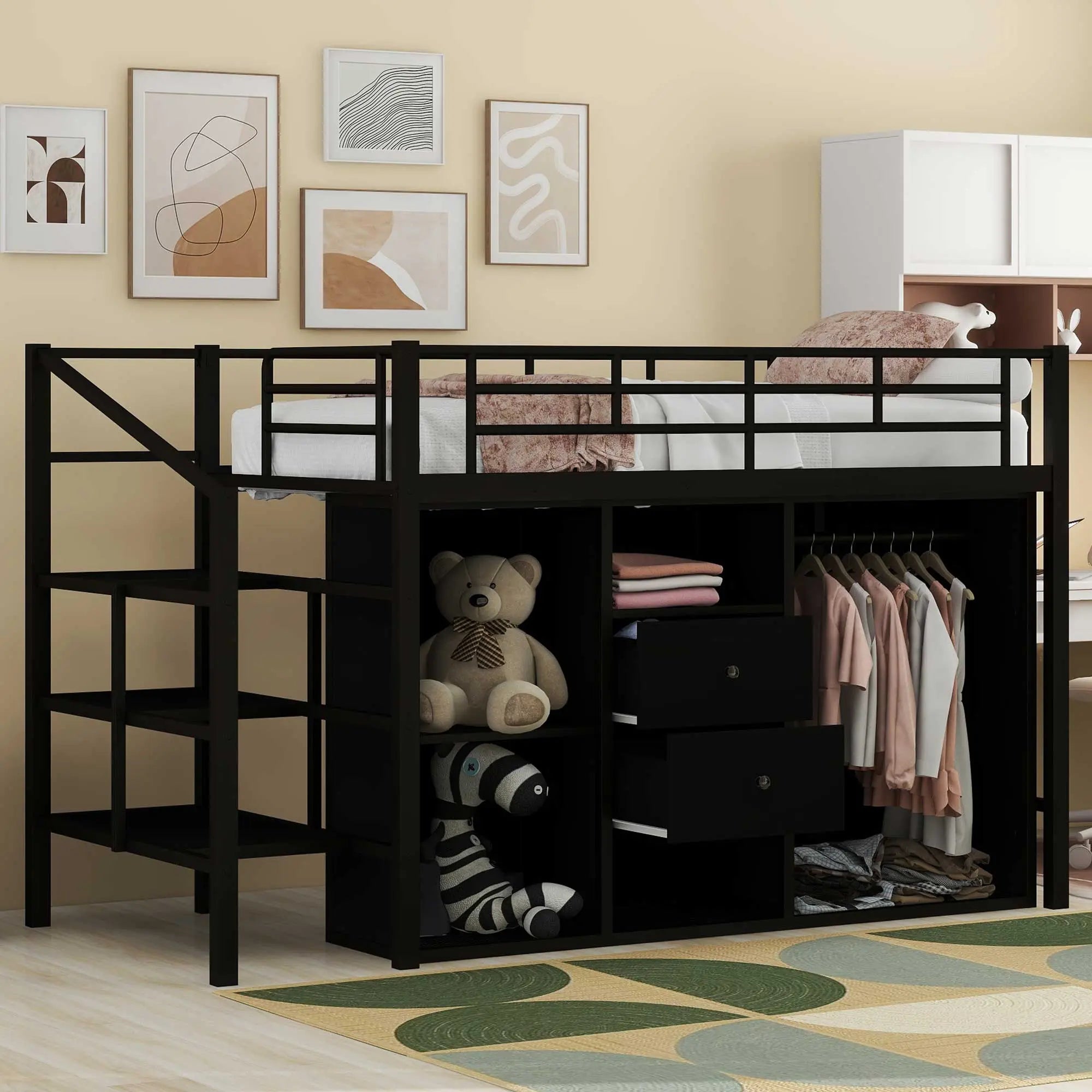 Bellemave® Metal Loft Bed with Drawers, Storage Staircase and Small Wardrobe Bellemave®