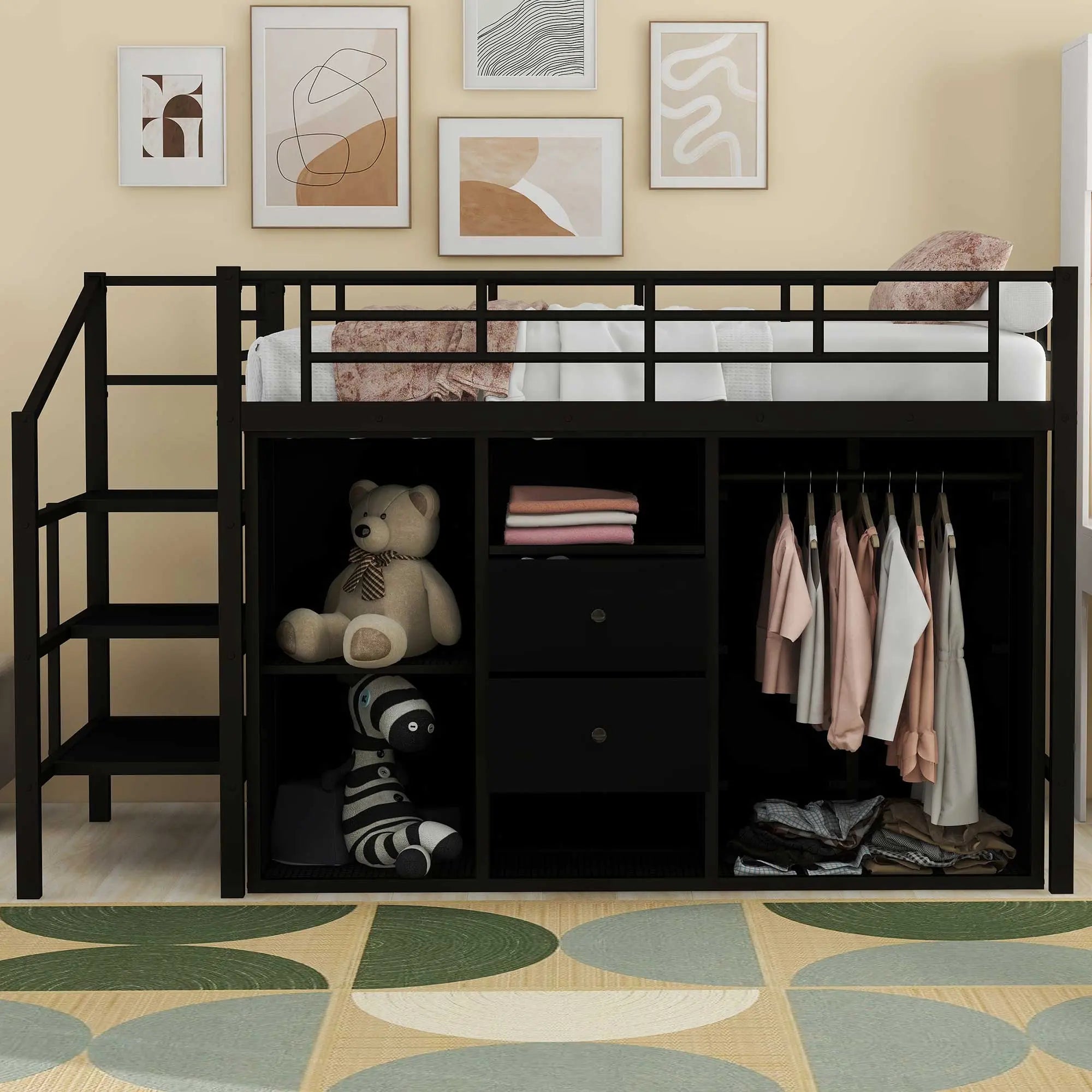 Bellemave® Metal Loft Bed with Drawers, Storage Staircase and Small Wardrobe Bellemave®