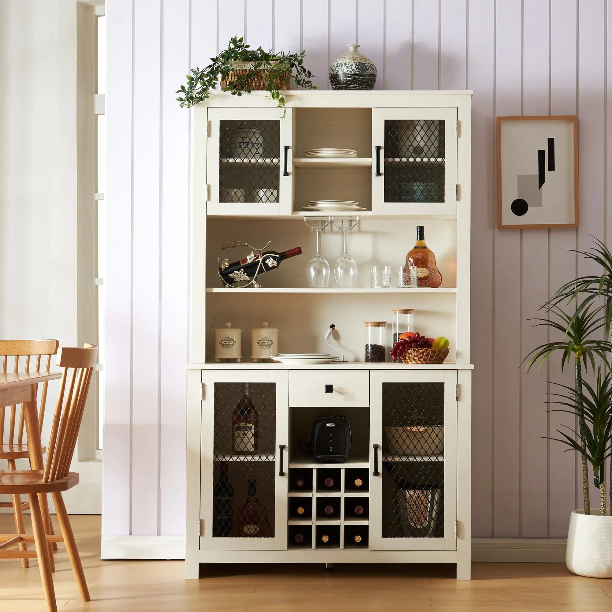 Bellemave Farmhouse Coffee Bar Cabinet with LED Lights and Outlets,Wine Bottle Rack and 1 Drawer Bellemave