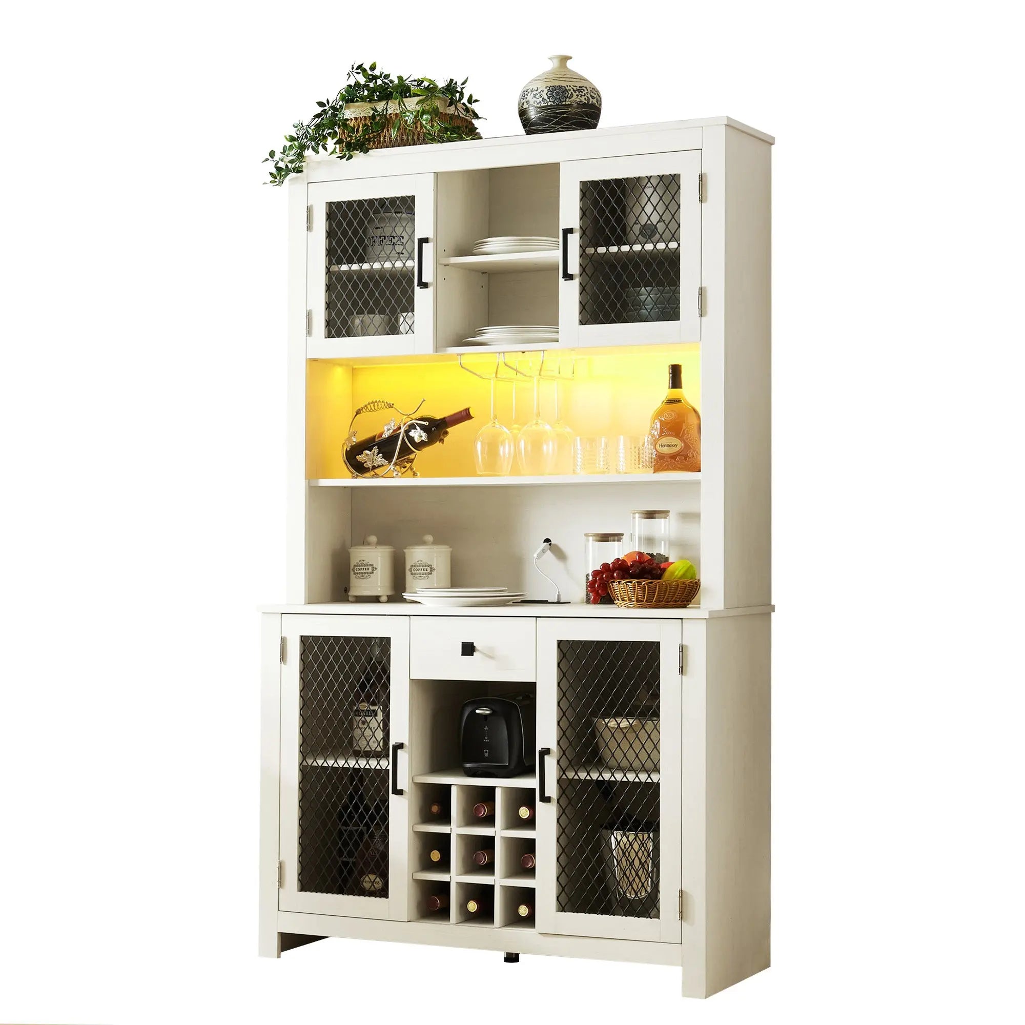 Bellemave Farmhouse Coffee Bar Cabinet with LED Lights and Outlets,Wine Bottle Rack and 1 Drawer Bellemave