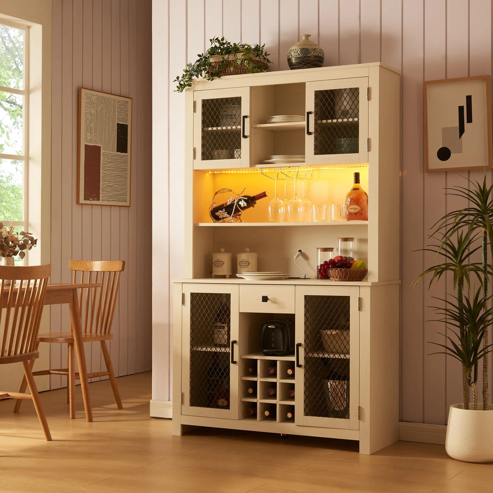 Bellemave Farmhouse Coffee Bar Cabinet with LED Lights and Outlets,Wine Bottle Rack and 1 Drawer Bellemave