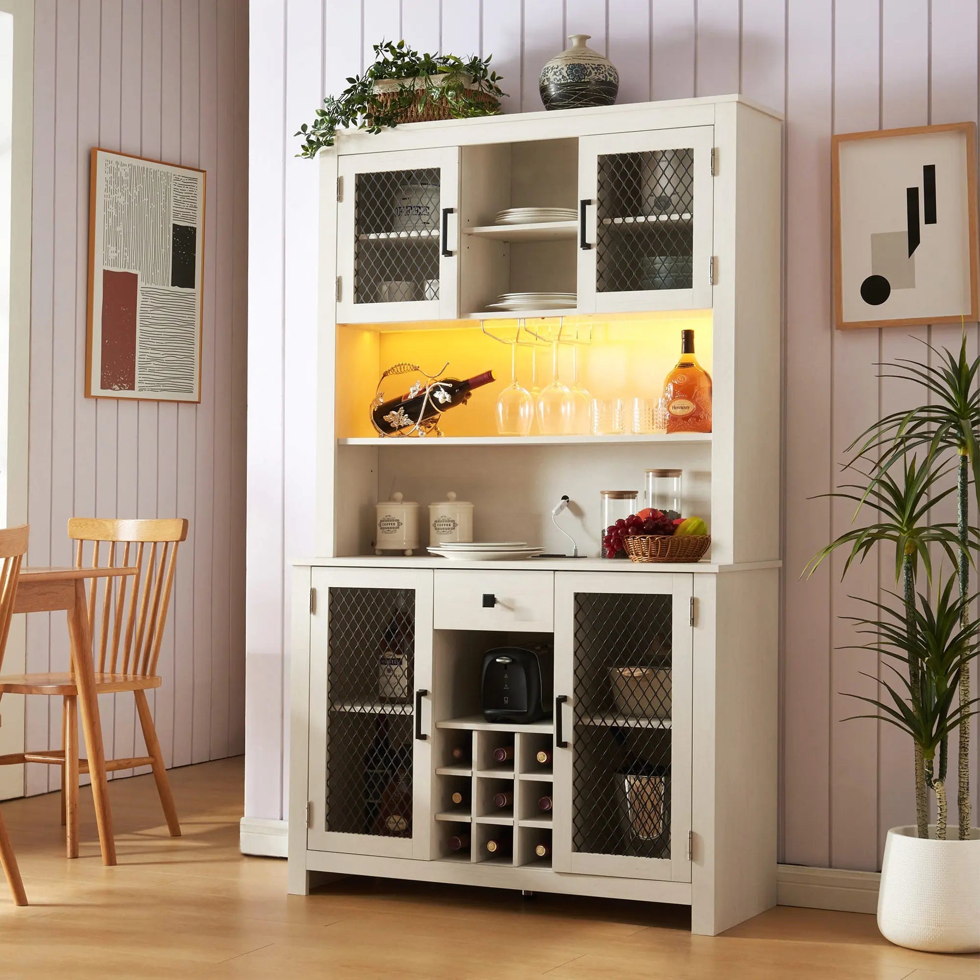 Bellemave Farmhouse Coffee Bar Cabinet with LED Lights and Outlets,Wine Bottle Rack and 1 Drawer Bellemave