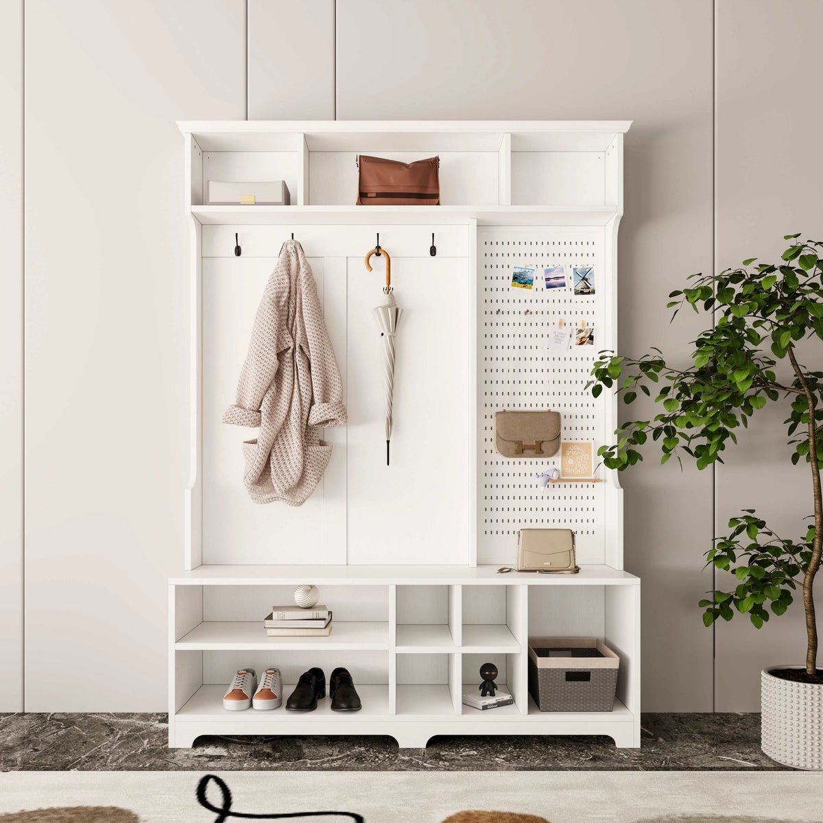 Bellemave  57" Hall Tree with Shoe Bench, Coat Rack ,Shoe Storage ,Storage Shelves and Pegboard